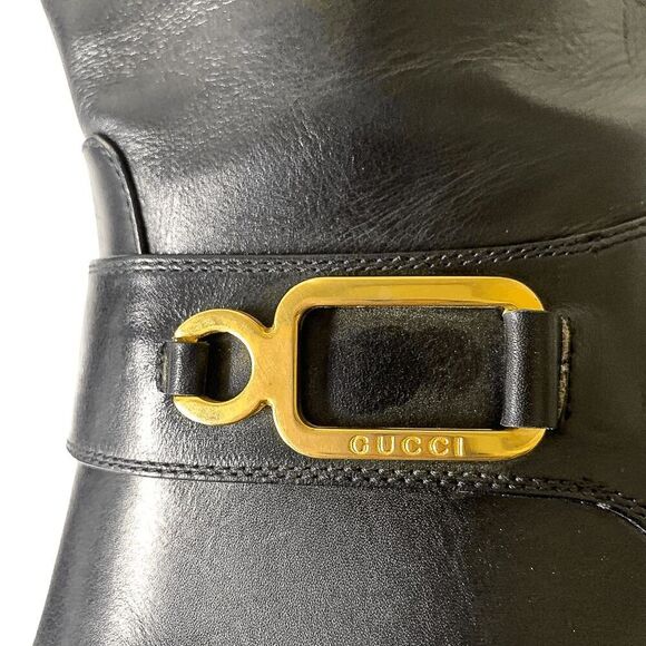 Gucci Tall Black Leather Pull On Riding Boots Size 7.5 Chunky Block Heel - Picture 6 of 12
